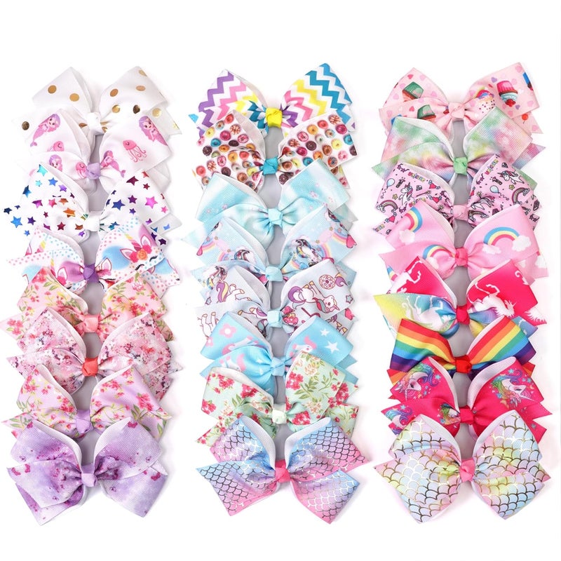CellElection 24PCS 4.5Inch Bows for Girls Boutique Grosgrain Ribbon Rainbow Hair Bow Alligator Hair Clips Pigtail Bows Unicorn Hair Clips for Baby Girls Toddler Kids Children Teens in Pairs - Image 1